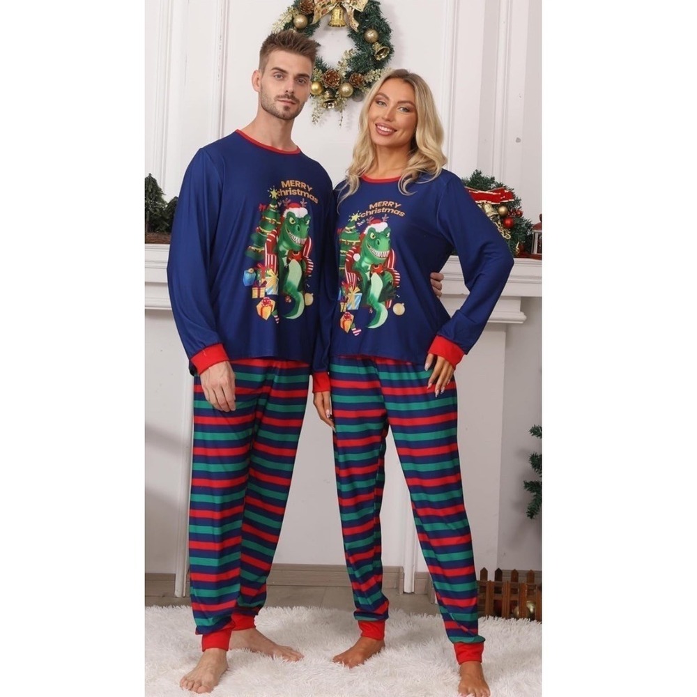 JAXUH Dinosaur Christmas Pajama Set Men XL Blue New Holiday Striped Pjs